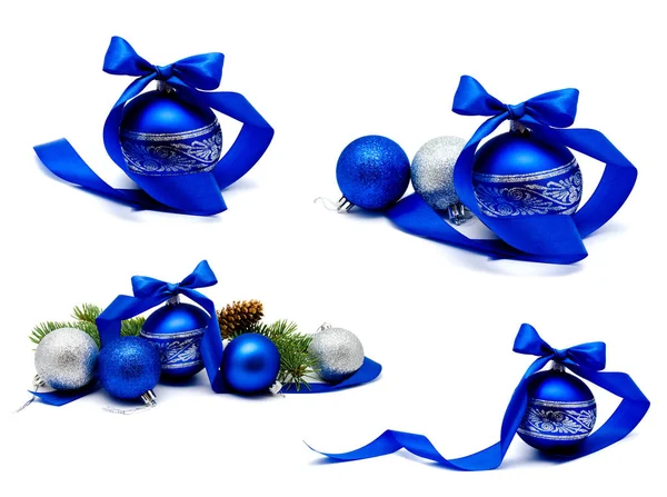 Coleção Fotos Decoração Natal Bolas Azuis Prateadas Com Cones Abeto — Fotografia de Stock
