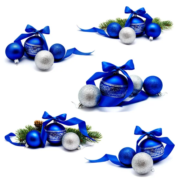 Collection Photos Christmas Decoration Blue Silver Balls Fir Cones Ribbon — Stock Photo, Image
