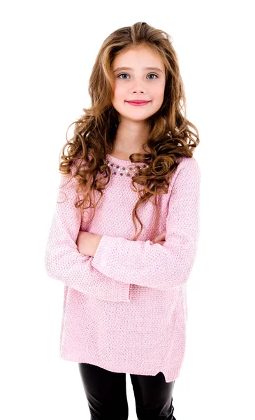 Portret Van Schattige Lachende Klein Meisje Kind Geïsoleerd Een Witte — Stockfoto
