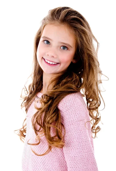 Śliczny Uśmiechający Się Małe Dziecko Dziewczyna Białym Tle Portret — Zdjęcie stockowe