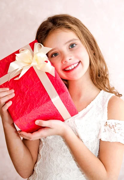 Happy Little Girl Holding Red Gift Box Christmas Time Closeup — Stock Photo, Image