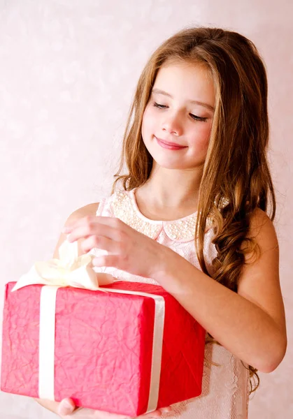 Happy Little Girl Child Opening Red Gift Box Christmas Time — Stock Photo, Image