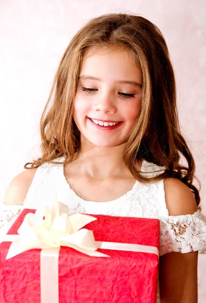 Happy Little Girl Holding Red Gift Box Christmas Time Closeup — Stock Photo, Image