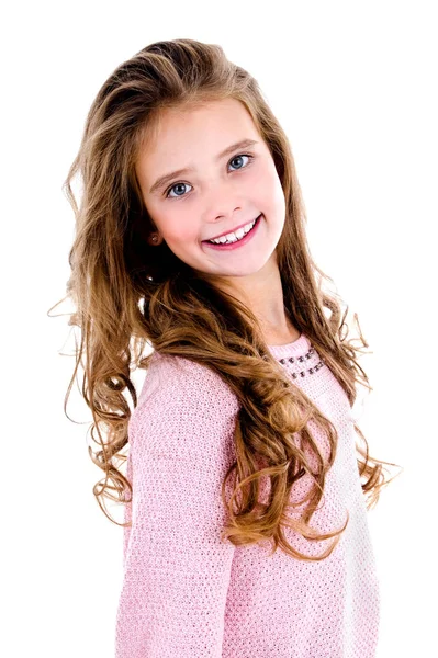Портрет Чарівної Усміхненої Маленької Дівчинки Дитина Ізольована Білому — стокове фото