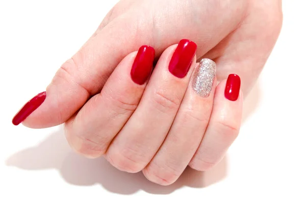 Unghie Donna Con Bellissimo Design Moda Manicure Rossa Con Gemme — Foto Stock