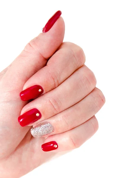 Uñas Mujer Con Hermoso Diseño Moda Manicura Roja Con Gemas —  Fotos de Stock