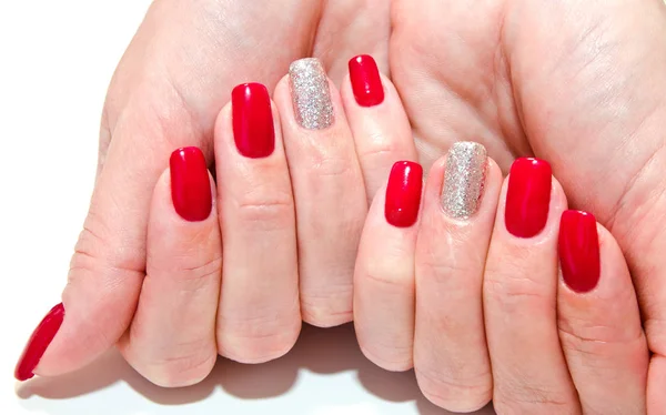 Unhas Mulher Com Belo Design Moda Manicure Vermelho Com Pedras — Fotografia de Stock