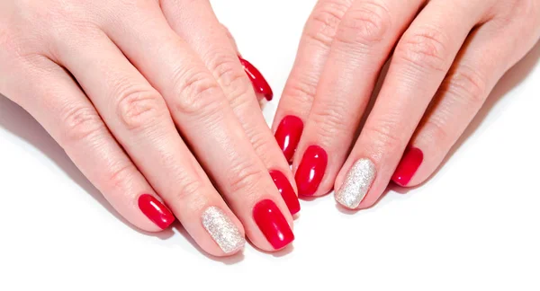 Unghie Donna Con Bellissimo Design Moda Manicure Rossa Con Gemme — Foto Stock