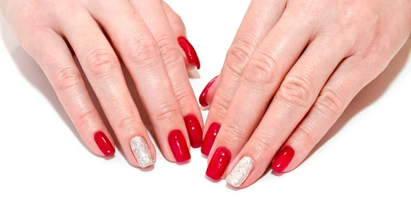 Unghie Donna Con Bellissimo Design Moda Manicure Rossa Con Gemme — Foto Stock