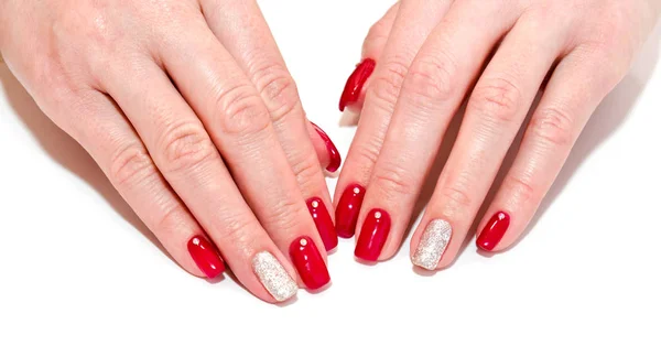 Unghie Donna Con Bellissimo Design Moda Manicure Rossa Con Gemme — Foto Stock