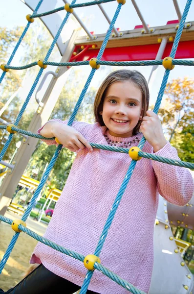 Happy Smiling Cutu Little Girl Child Playground Equipment Outdoors — Stock Photo, Image