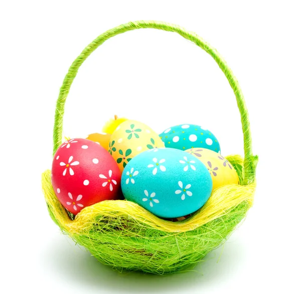 Perfect Colorful Handmade Easter Eggs Basket Isolated White — Stock Photo, Image