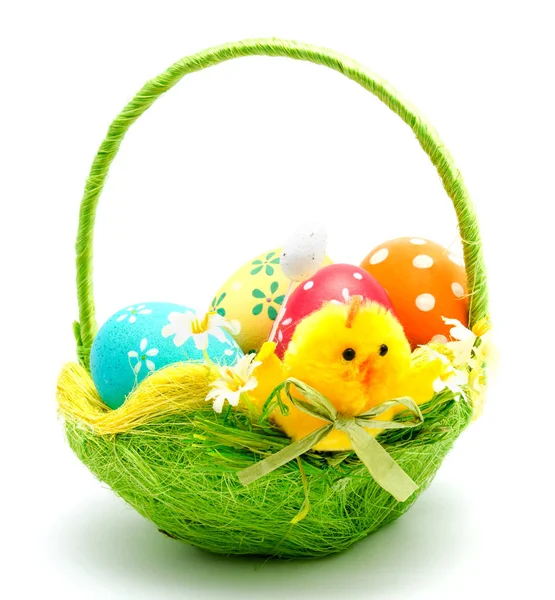 Perfect Colorful Handmade Easter Eggs Basket Isolated White — Stock Photo, Image