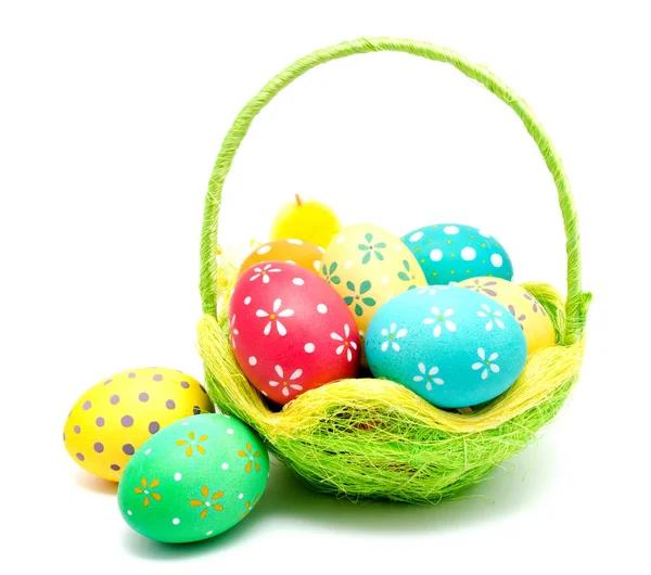 Perfect colorful handmade easter eggs in the basket isolated — Stock Photo, Image