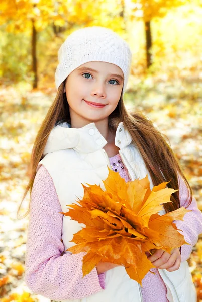 リーブと愛らしい笑顔の小さな女の子の秋の肖像画 — ストック写真