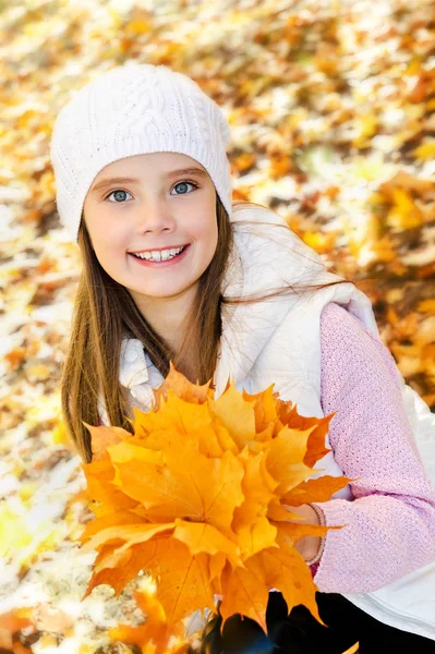 Autumn portrait of adorable smiling  little girl child with leav — Stock Photo, Image