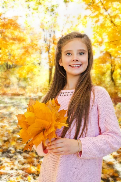 Foto musim gugur gadis kecil yang manis tersenyum dengan Leav — Stok Foto
