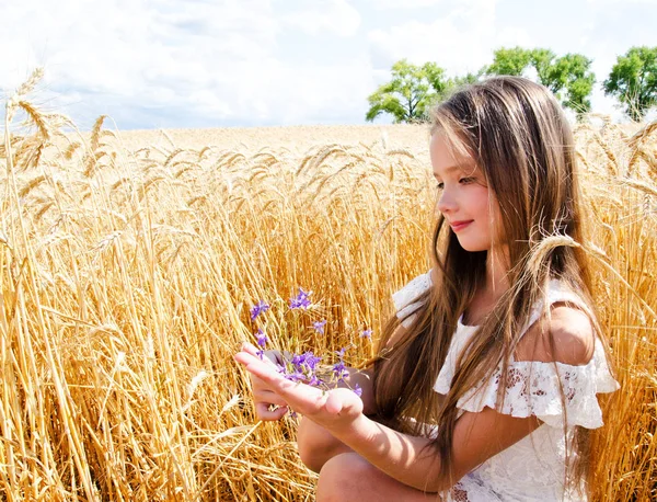 Portret uśmiechniętego Cute Little Girl dziecko na polu pszenicy hol — Zdjęcie stockowe