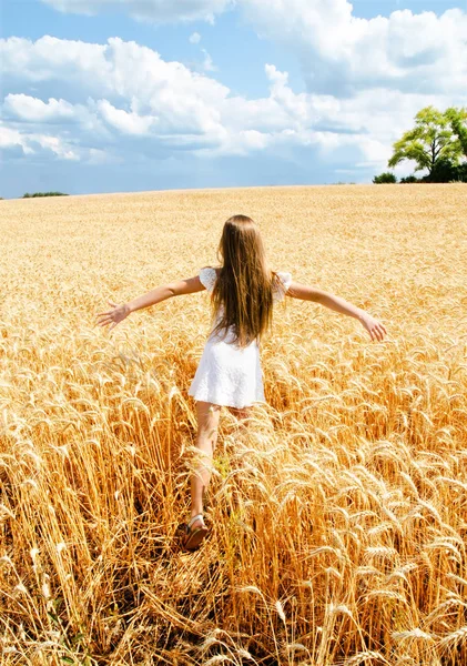 Portrait of smiling cute little girl child running through field — Stock Photo, Image