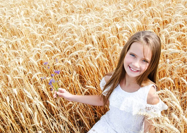 Porträtt av leende söt liten flicka barn på fältet vete hol — Stockfoto