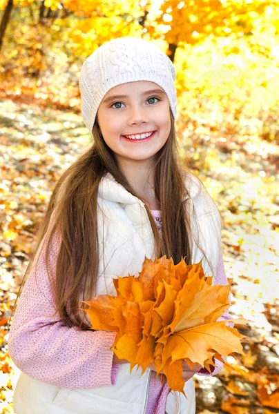 Leav ile sevimli gülümseyen küçük kız çocuk sonbahar portresi — Stok fotoğraf