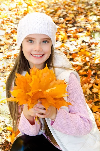 Retrato otoñal de adorable niña sonriente con hoja — Foto de Stock