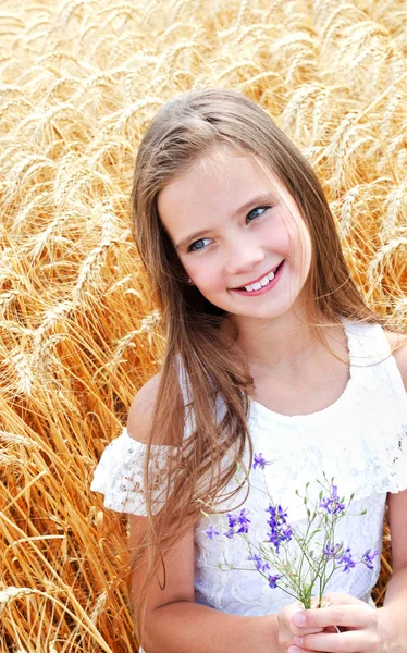 Porträtt av leende söt liten flicka barn på fältet vete hol — Stockfoto