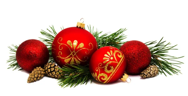 Christmas decoration golden yellow and red balls with fir cones — Stock Photo, Image