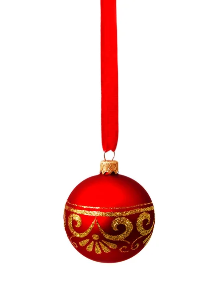 Hunging red christmas ball isolated on a white — Stock Photo, Image