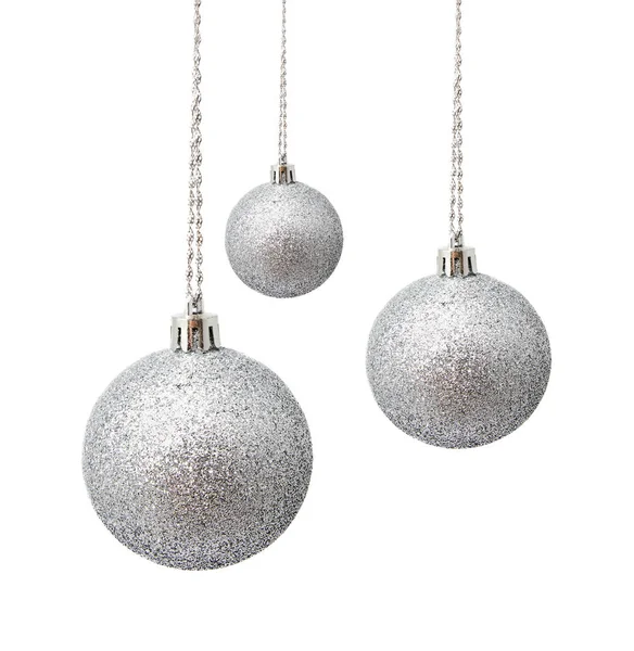 Perfect hunging silver christmas balls isolated on a white — Stock Photo, Image