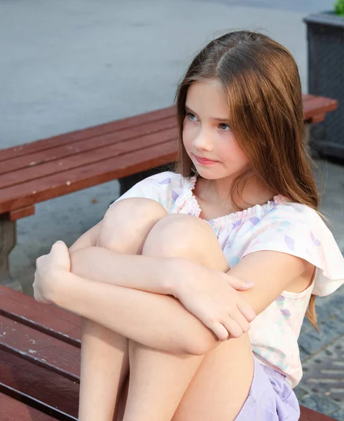 Portrait Sad Upset Little Girl Child Summer Day Outdoors — Stok Foto