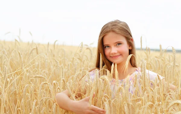 Portrait Smiling Cute Little Girl Child Field Wheat Outdoor — Stock Photo, Image