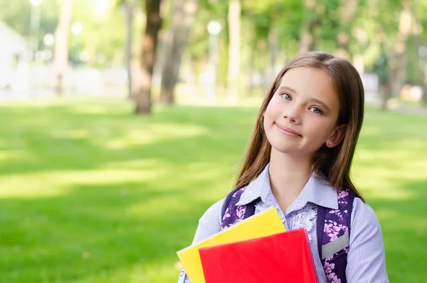 Zurück Zur Schule Bildungskonzept Nettes Lächelndes Schulmädchen Freien Glückliches Kleines — Stockfoto