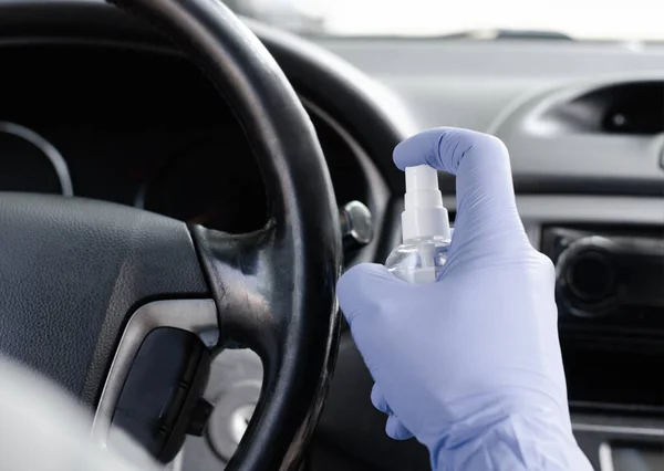 Man Sanitizing Wheel Salon His Car Male Hand Protective Glove — Stock Photo, Image