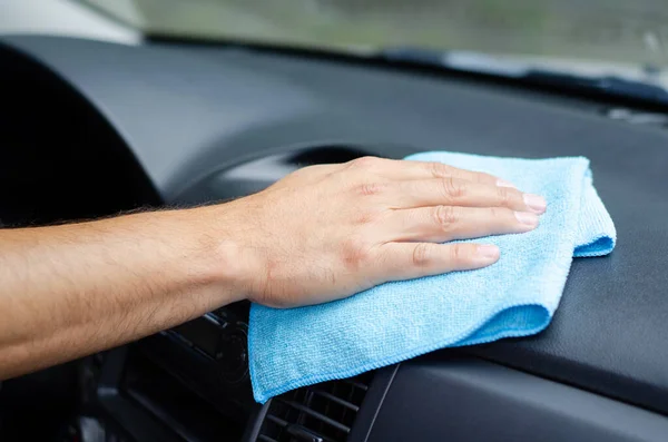 Cleansing Car Interior Male Hand Disinfecting Vihicle Protection Virus Disease — Stock Photo, Image