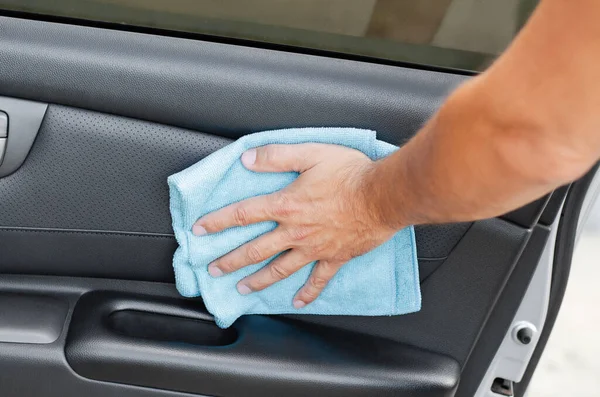 Cleansing Car Interior Door Male Hand Disinfecting Vihicle Protection Virus — Stock Photo, Image