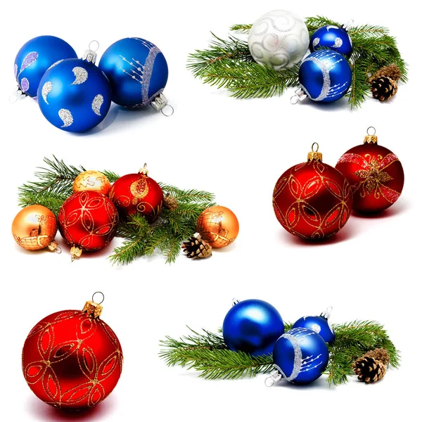 Collezione Foto Natale Decorazione Oro Rosso Blu Palle Con Coni — Foto Stock