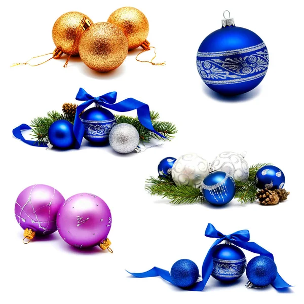 Raccolta Foto Natale Decorazione Oro Blu Palle Lilla Con Coni — Foto Stock