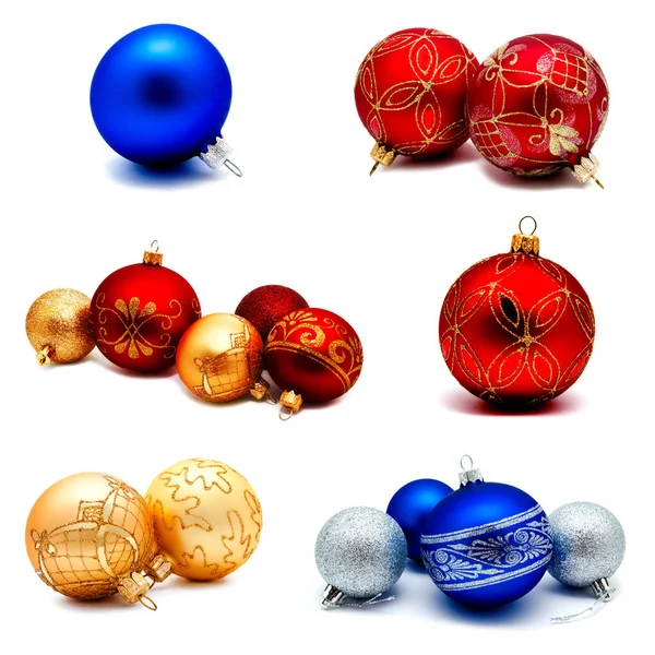 Coleção Fotos Decoração Natal Ouro Vermelho Azul Prata Bolas Isoladas — Fotografia de Stock