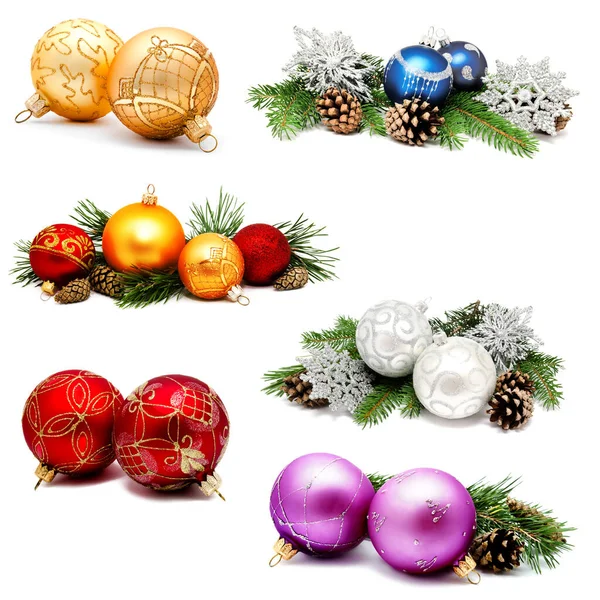 Collectie Van Foto Kerstversiering Goud Rood Blauw Zilveren Ballen Met — Stockfoto