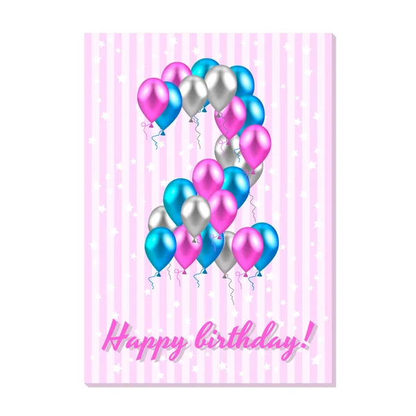 Realistic colored balloons on the second birthday. pink, silver, blue. Pink stripe greeting card with white stars. — Stock Vector