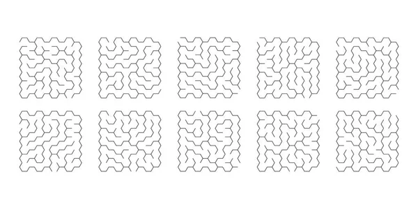 Ilustração vetorial do conjunto de 10 labirintos de hexágonos para crianças — Vetor de Stock