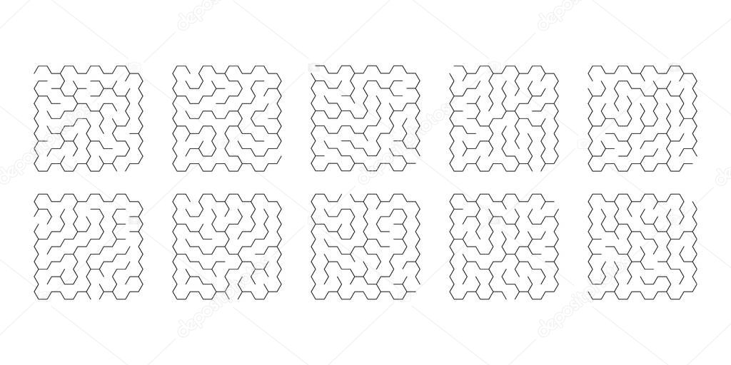 vector illustration of set of 10 mazes of hexagons for kids 