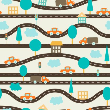 Sorunsuz arka plan. Çocuk desenle yollar, arabalar, ağaçlar, trafik ışıkları, evler ve bulutlar. Kahverengi, turuncu, mavi