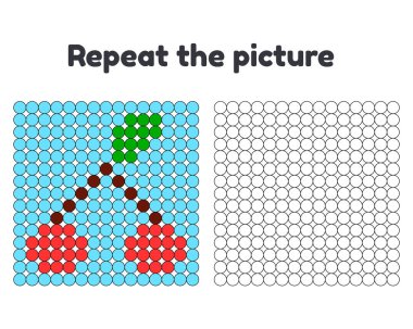 Okul öncesi çocuklar için oyun. Resmi yinelemek. Daireler boya. Bir yaprak üzerinde mavi bir arka plan ile bir dal üzerinde iki kiraz.