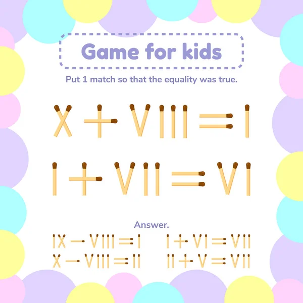 Ilustración vectorial. juego de matemáticas para los niños. Ponga 1 cerilla para que la igualdad sea verdadera . — Archivo Imágenes Vectoriales
