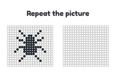 Vektör çizim. Okul öncesi çocuklar için oyun. Resmi yinelemek. Daireler boya. Cadılar Bayramı. Siyah örümcek.