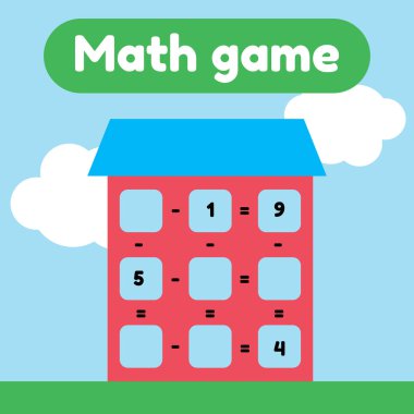 Vektör çizim. Matematik okul öncesi ve okul çağındaki çocuklar için oyun. Say ve doğru numaraları ekleme. Çıkarma. Penceresi olan ev.