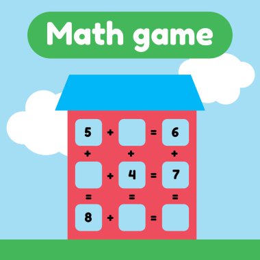Vector illustration. Math game for preschool and school age children. Count and insert the correct numbers. Addition. House with windows. clipart