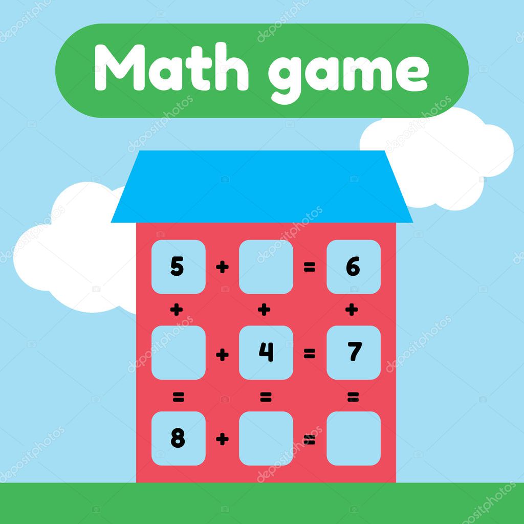 Vector illustration. Math game for preschool and school age children. Count and insert the correct numbers. Addition. House with windows.